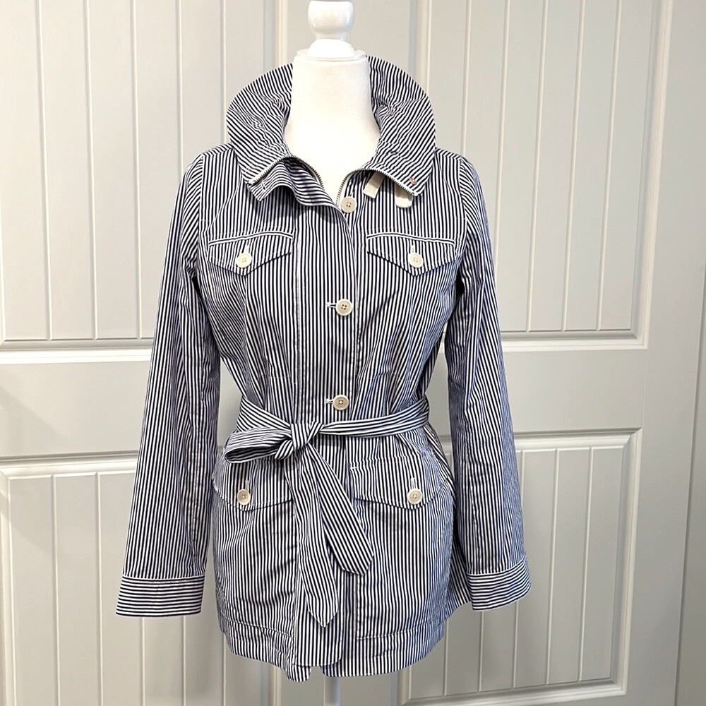 J. Crew Cotton Blue & White Stripe Zip & Button Front Utility Jacket wit…